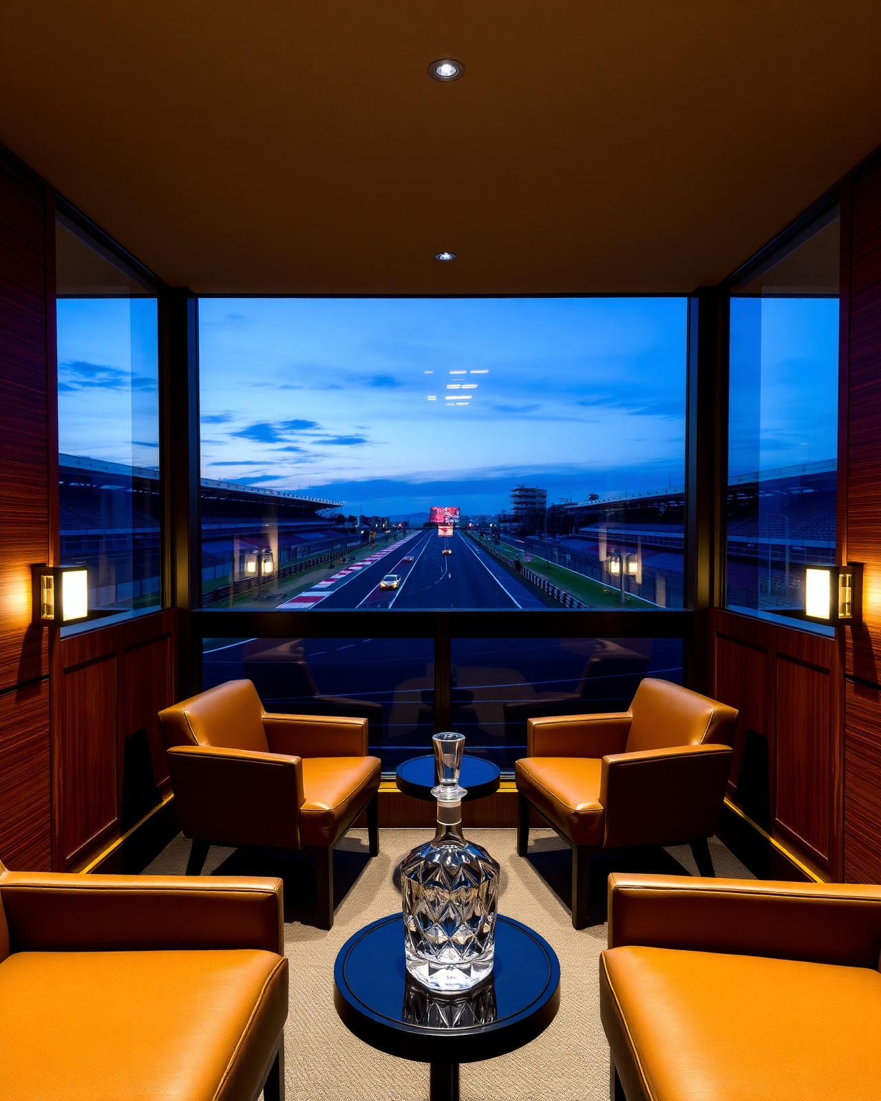 F1 hospitality suite at twilight